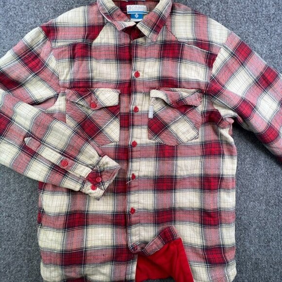 Columbia Button Up Shirt Mens Small Flannel Long Sleeve Red Beige Plaid Lined - Picture 1 of 12